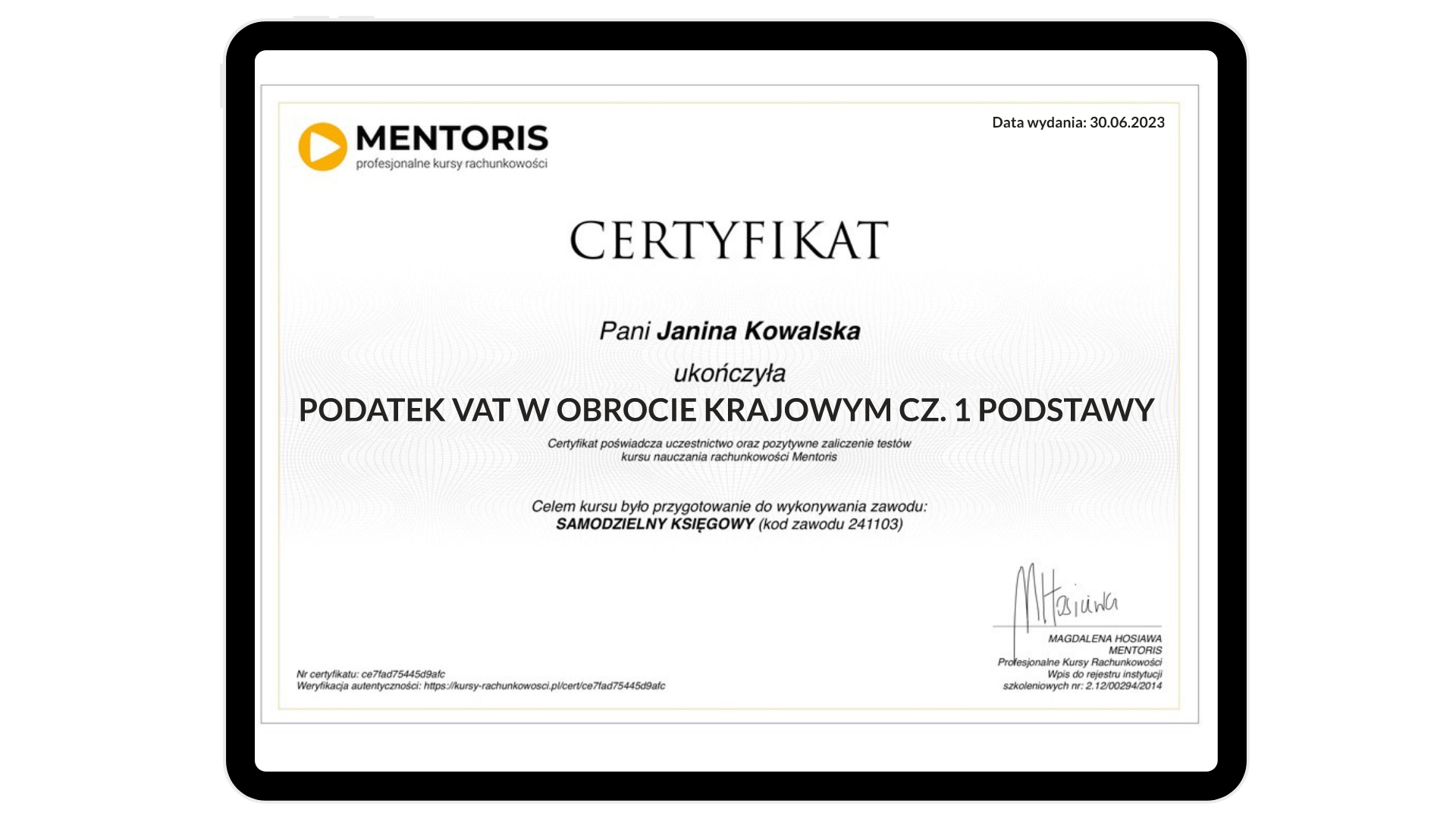 Certyfikat Kurs Podstaw rachunkowości Mentoris