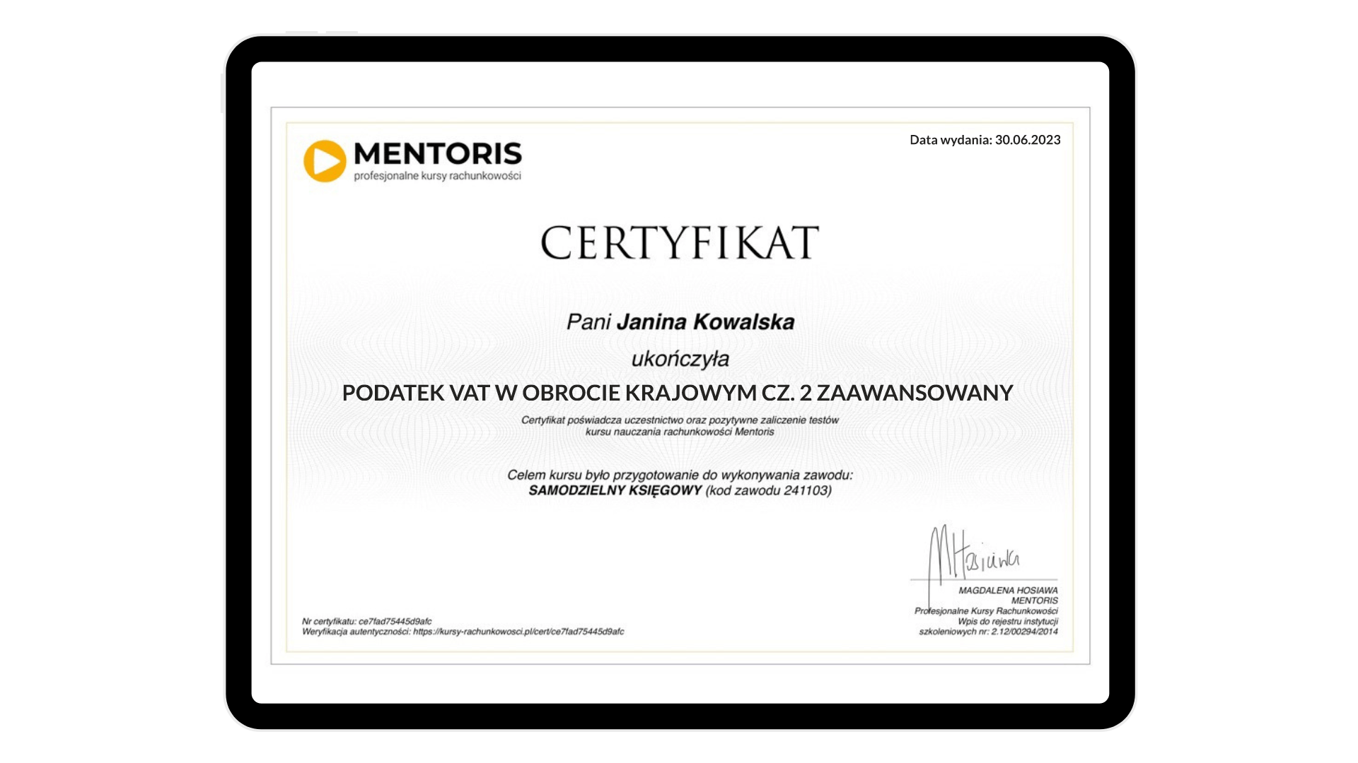 Certyfika ukończenia - Kurs Podatek VAT w obrocie krajowym cz.2 zaawansowany