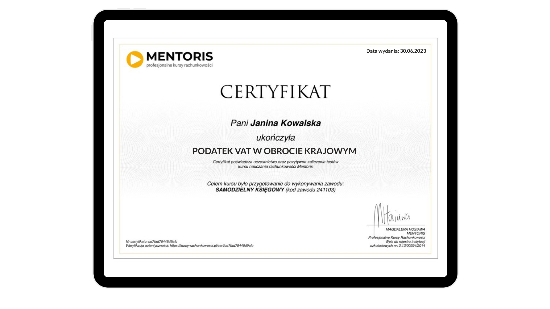 Certyfika ukończenia - Kurs Podatek VAT w obrocie krajowym