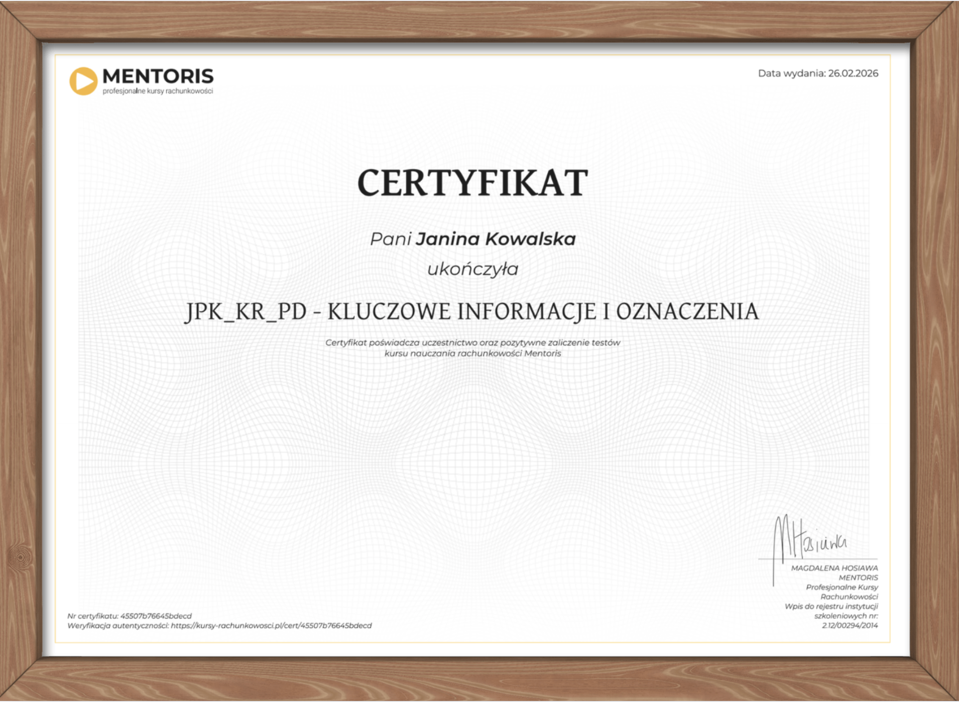 Akademia Podatkowa MENTORIS - Certyfikat ukończenia szkolenia